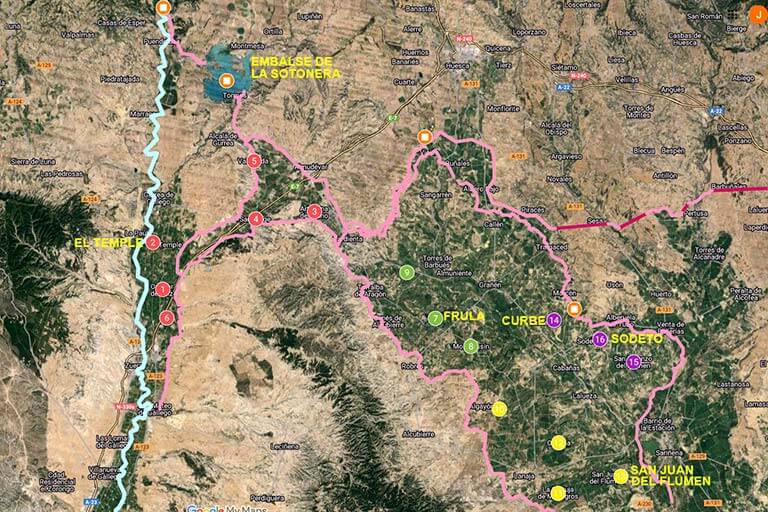 Plan Monegros Embalses y canales (sobre Google maps 2024-02-17)
