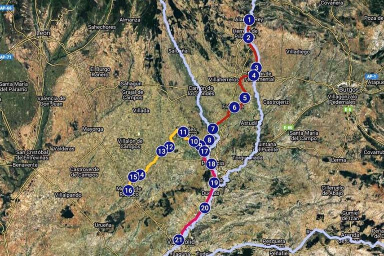 Zonas de visita del Canal de Castilla (Google maps 2022-01-22)
