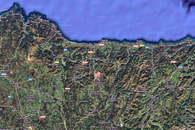 Localización de la necropolis tumular de la Sierra de Pumarín, Villanueva de Oscos, Asturias (Google maps 2025-02-24)