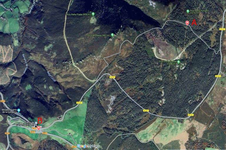 Necropolis tumular de la Sierra de Pumarín (A) y dolmen rotonda del Puerto de la Garganta (B), Villanueva de Oscos, Asturias (Google maps 2025-02-24)