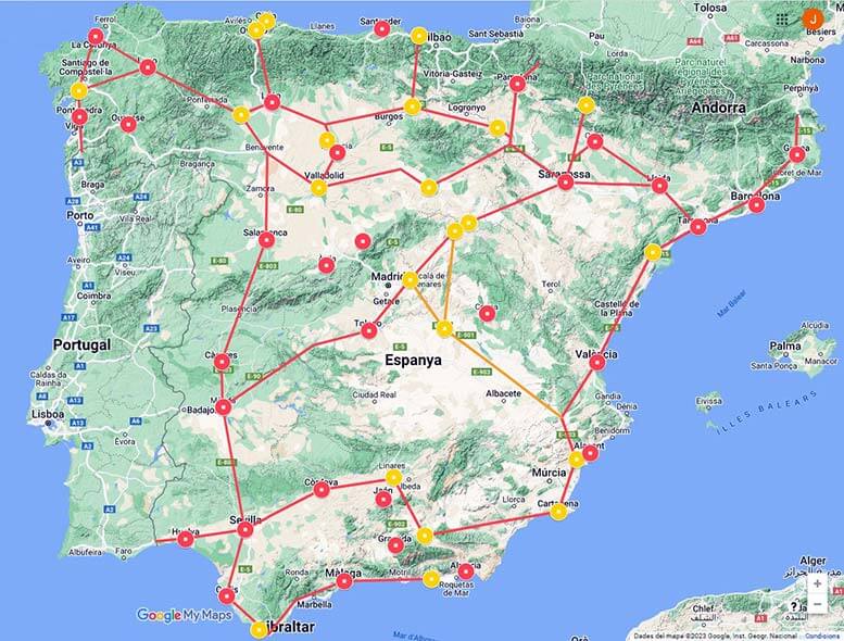 Ciutats-romanes.-En-color-vermell-les-que-actualmente-son-capitals-de-provincia-o-CCAA-(Elaborat-sbre-Google-My-Maps)