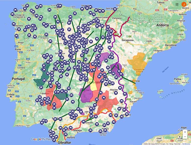 Mapa de les carrerades principals usades per la Mesta ((Elaborat sobre Google My Maps)