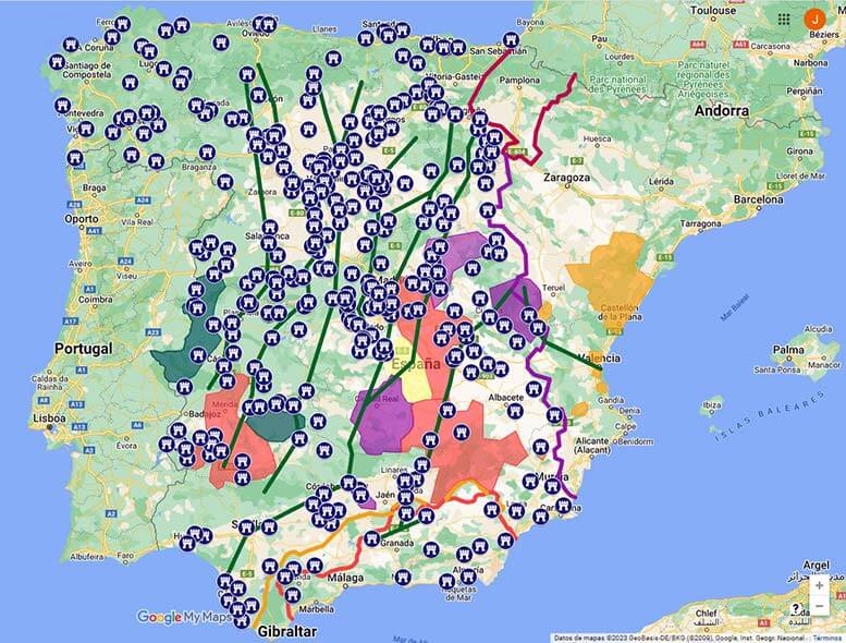 Mapa de las cañadas principales usadas por la Mesta, castillos señoriales y encomiendas a las Ordenes militares (Elaborado sobre Google My Maps)