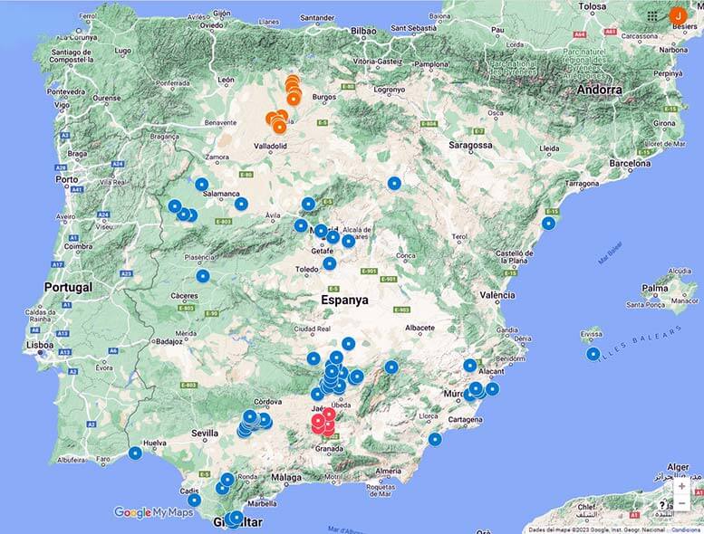 Mapa de noves poblacions. En vermell les del s. XVI, en blau les del s. XVIII en època de Carlos III i en taronja les projectades al Canal de Castell