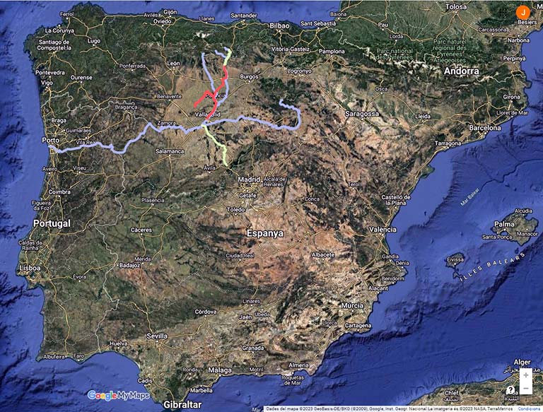 Canal de Castella. En vermell, els 207 quilòmetres de canal construït; en verd, dos trams de projecte inicial no executats; al nord fins a Reinosa i al sud fins a Segòvia; en blau els rius afectats, riu Pisuerga, riu Carrión, riu Camesa i riu Duero