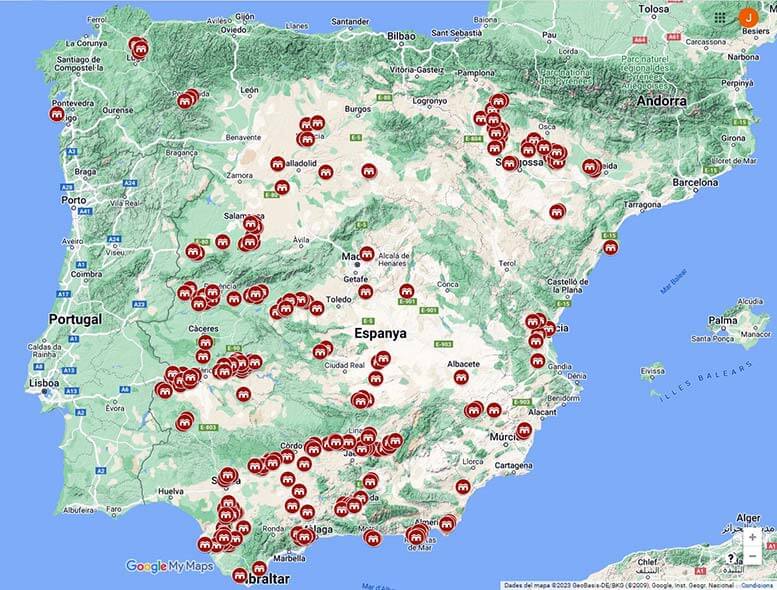Distribució dels poblats de colonització agrària (Elaborat sobre Google My Maps)